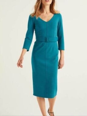 Boden Margie Ottoman Bright Teal Belted V-Neck Sheath Dress - NWT
